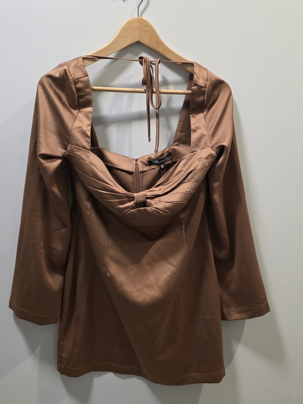 Dynamite Carob Brown Satin Bell Sleeve Mini Dress NWT Size P/S
